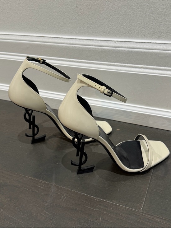 Saint Laurent Shoes - Saint Laurent Ivory Leather Ankle-Strap Heels with Black Logo Heels